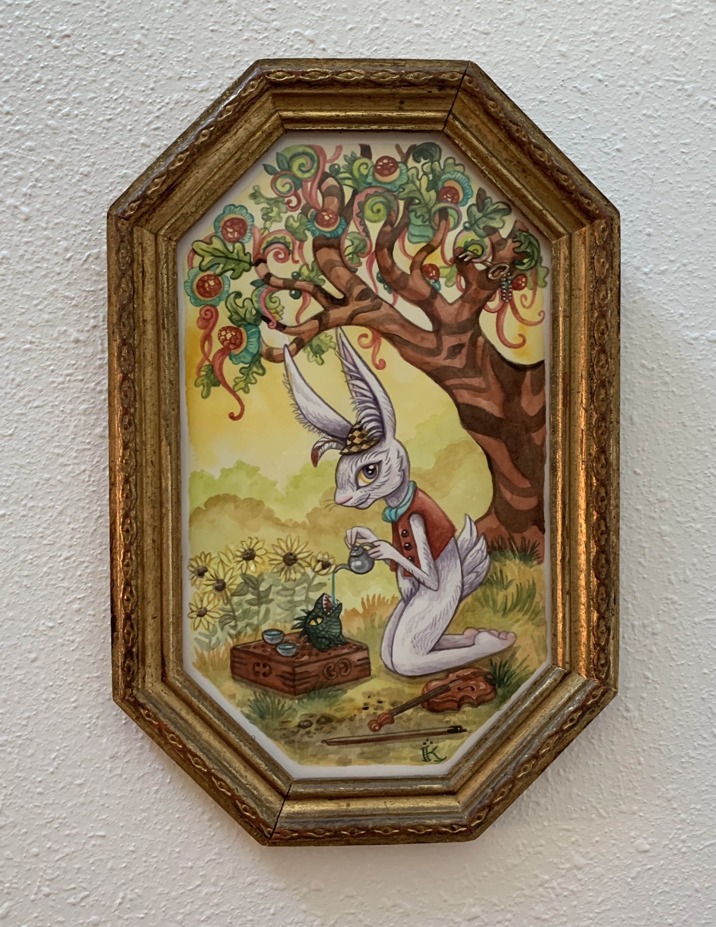 "Wonderland Tea" watercolor in vintage frame, 7" x 10"