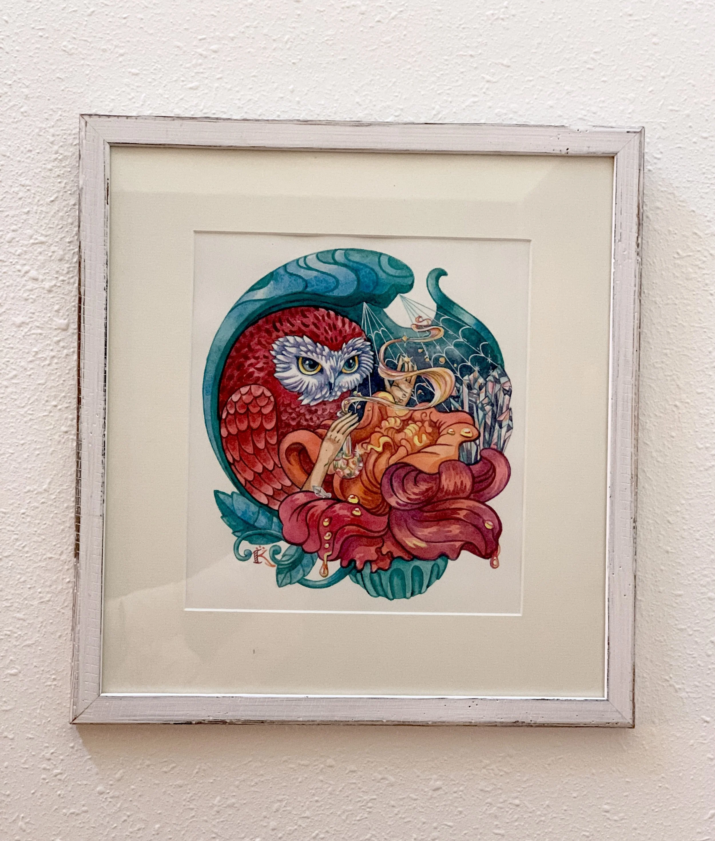 "Essential Oil" watercolor in frame, 12" x 12"