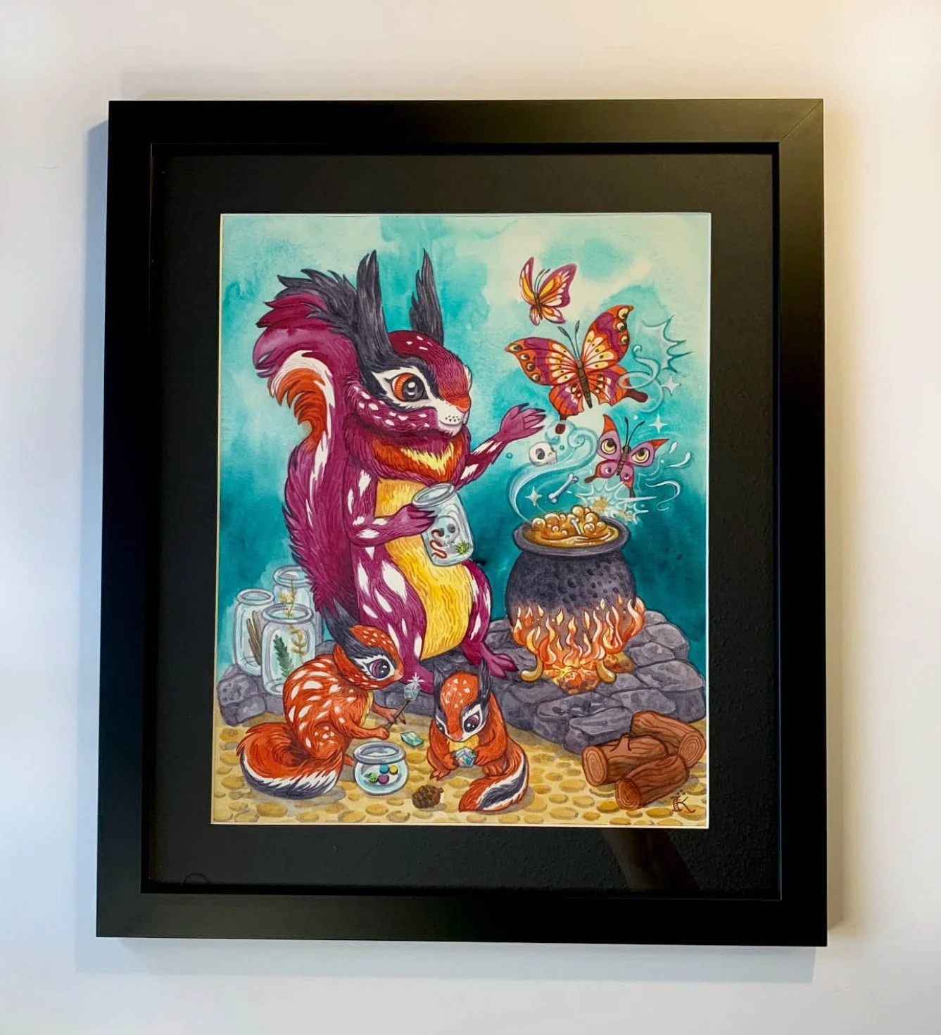   This piece will be available on Friday September 6th, 2024 at 6:00pm MST!   "Fire Squirrels" watercolor, 16". 20", 2022, $500  To purchase this painting, please contact the gallery at 303-974-5172. &nbsp;  We are happy to ship the painting if you a