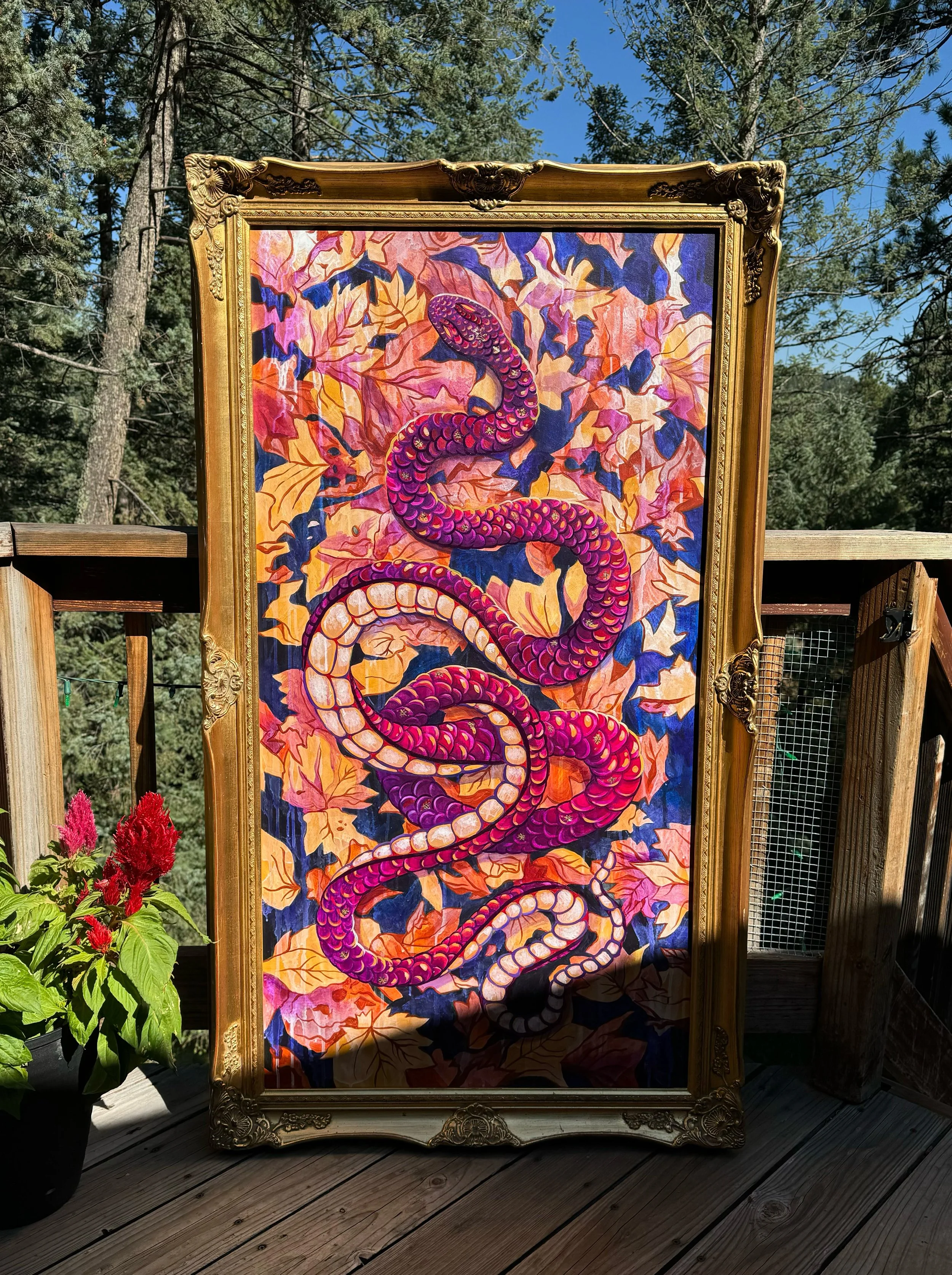   This piece will be available on Friday September 6th, 2024 at 6:00pm MST!   "Autumn Snake" acrylic and gold leaf on panel, 35" x 54", 2024, $2,700  To purchase this painting, please contact the gallery at 303-974-5172. &nbsp;  We are happy to ship 