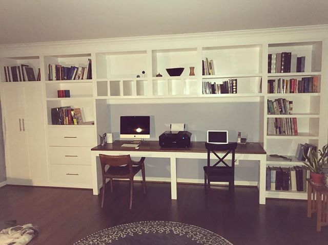 All done!  Desk base was the same as a table with legs on both sides, but the back support was provided by mounting the base to the wall and securing it to the studs.  Walnut top (8.5&rsquo;) was attached to the base with routed cleats enabling expan