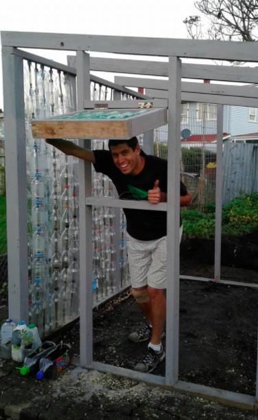 Steve Bates celebrating the beginning stages of his bubble house project. 