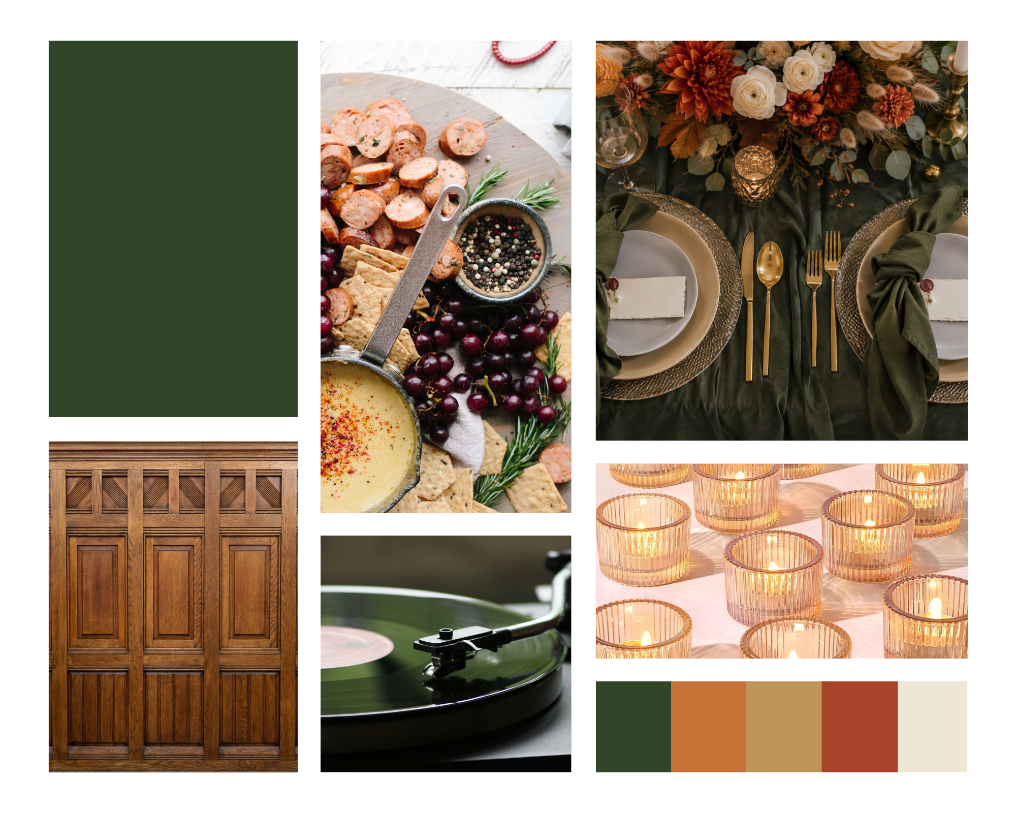 Mood board for A Table for the Senses dinner party, featuring a deep green and gold color palette, wooden paneling, a charcuterie spread, a vinyl record player, votive candles, and a table setting with green linens and gold flatware.