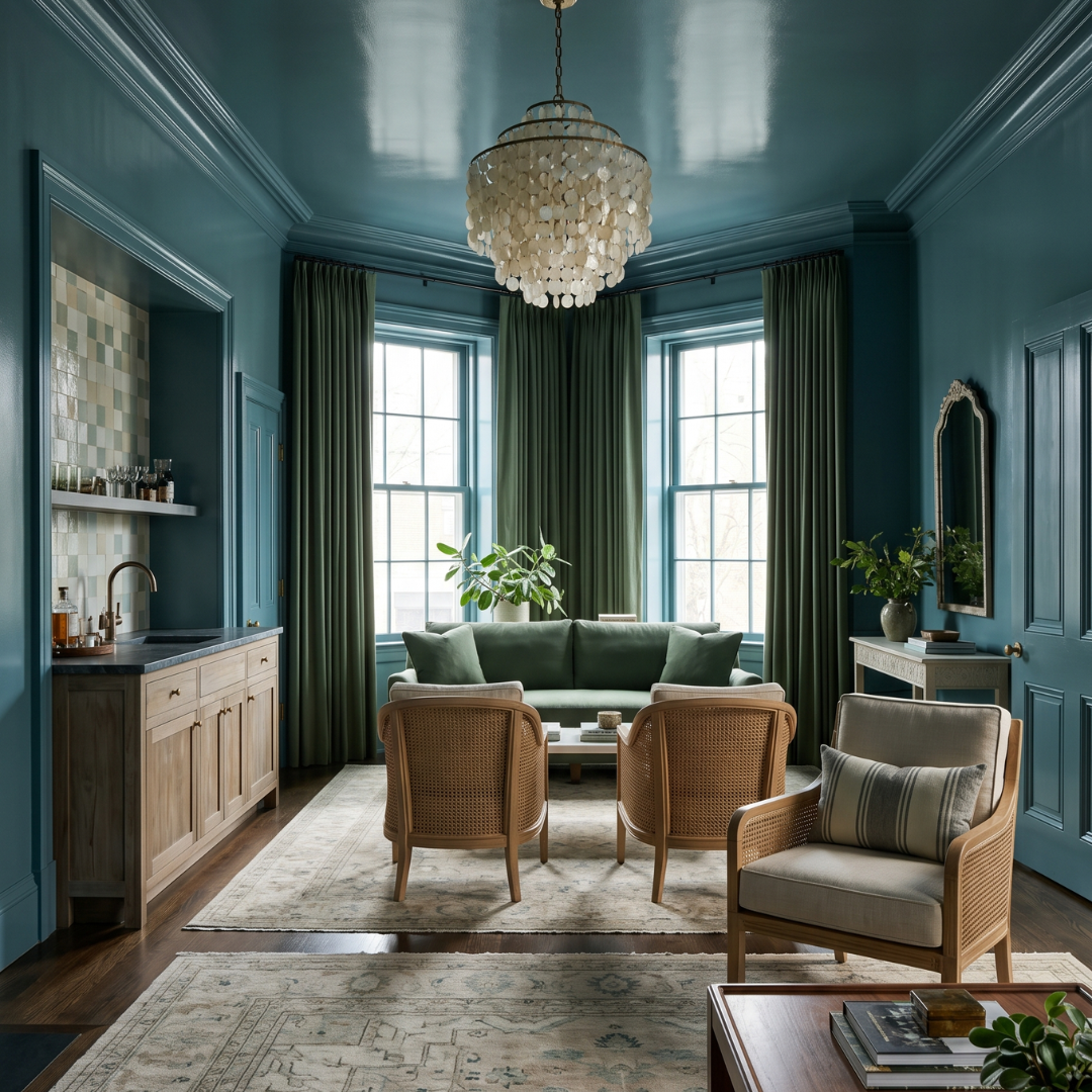 A traditional living room in the Seaside Breeze color palette — deep teal walls, sage green velvet drapery, rattan caned armchairs, and a vase of white hydrangeas on a sage upholstered sofa, curated by Georgette Marise Interiors