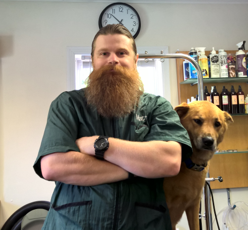 Matthew Blair Lead Groomer Matt is always around to answer any questions you might have about grooming. Don't let the beard scare you away. He's really a nice guy under there somewhere.