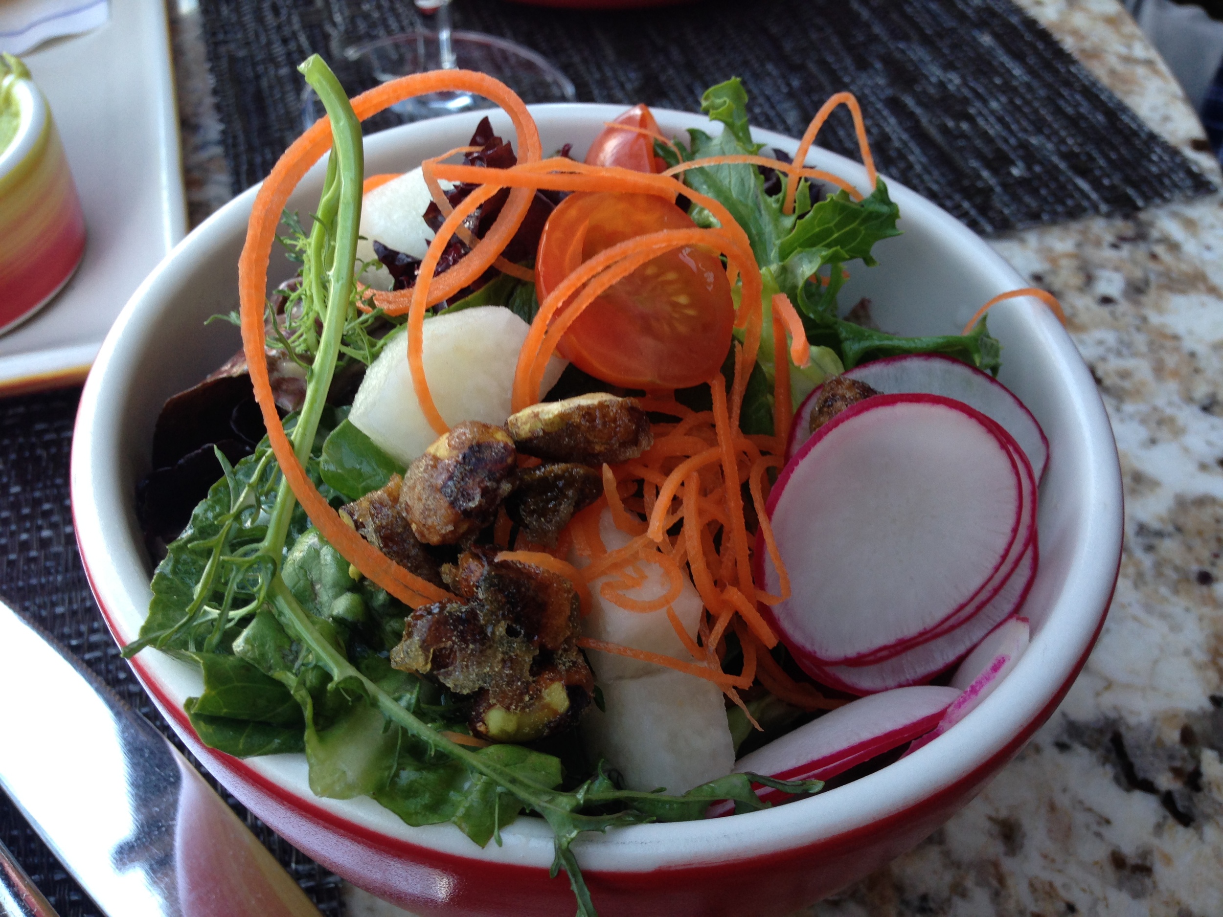 This was good too. I loved having the walnuts and Jicama, which the Jicama they have since taken out, and they were really nice about substituting a similar gluten free dressing for the one they normally use.