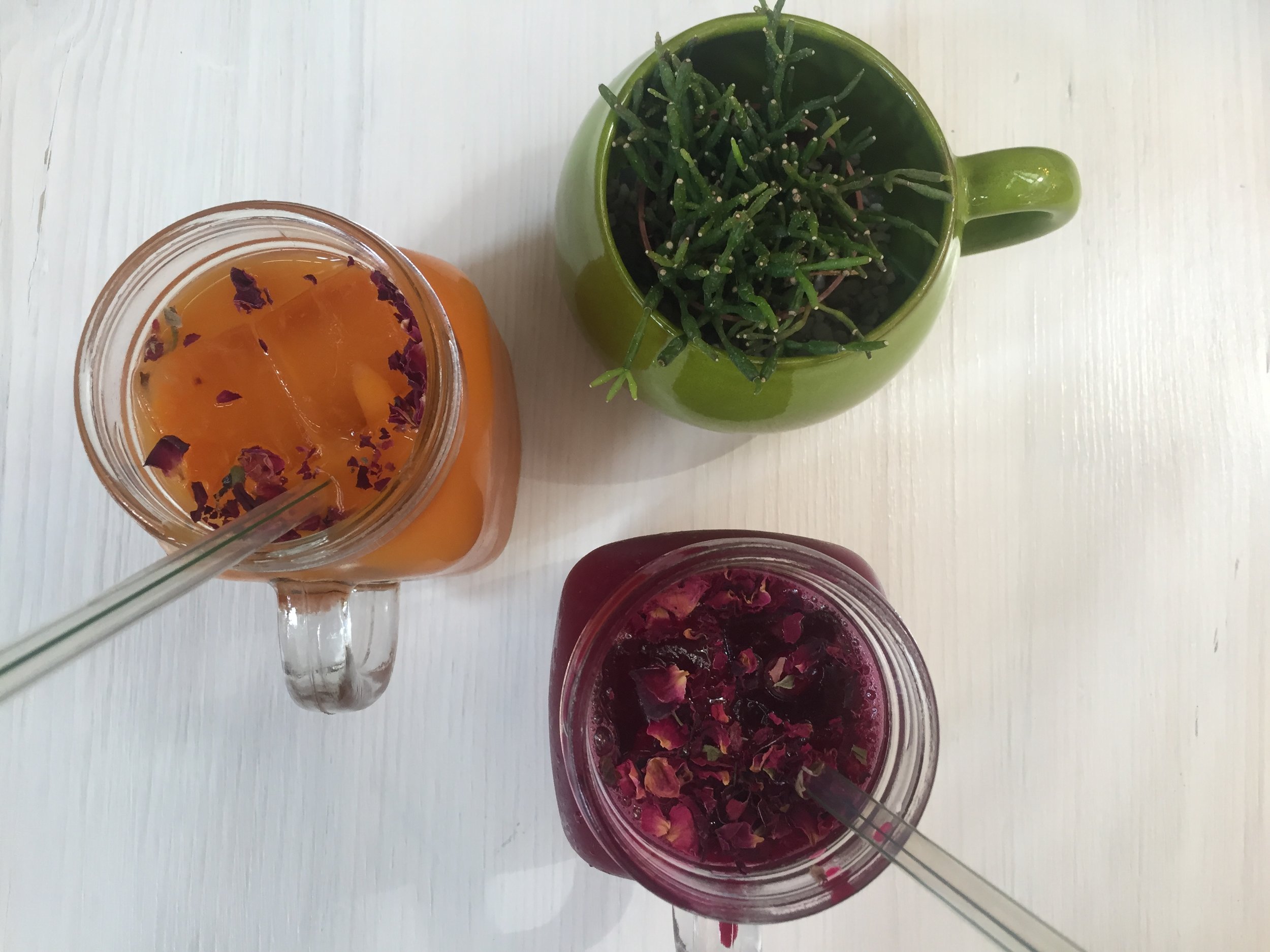 We started off with these adorable juices. I just love that they put flower petals in them, and it didn't affect the taste from what I could tell.