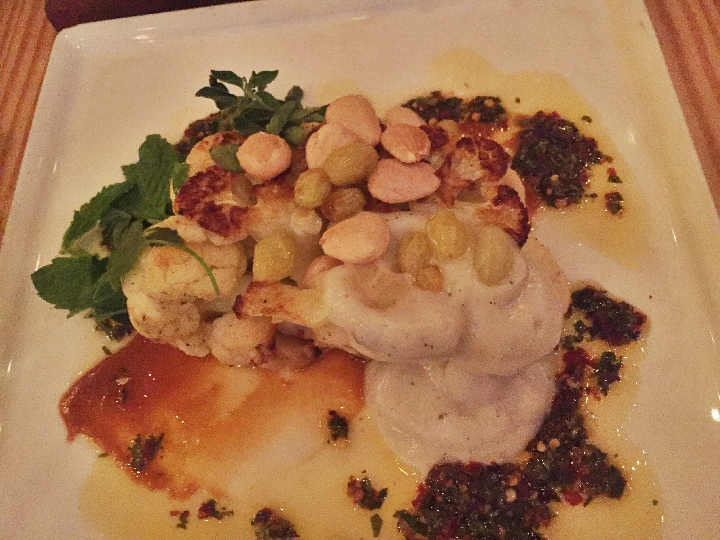 I know this picture quality is AWFUL, but this dish was so flavorful! It was a vegetetable side with cauliflower, cauliflower puree, marcona almonds, golden raisins, and some really delicious sauces. I LOVED it!