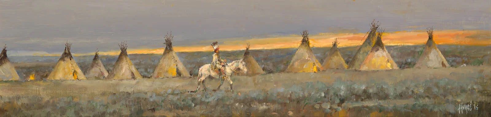 Pikuni Camp at Sunset, 8 x 32, oil