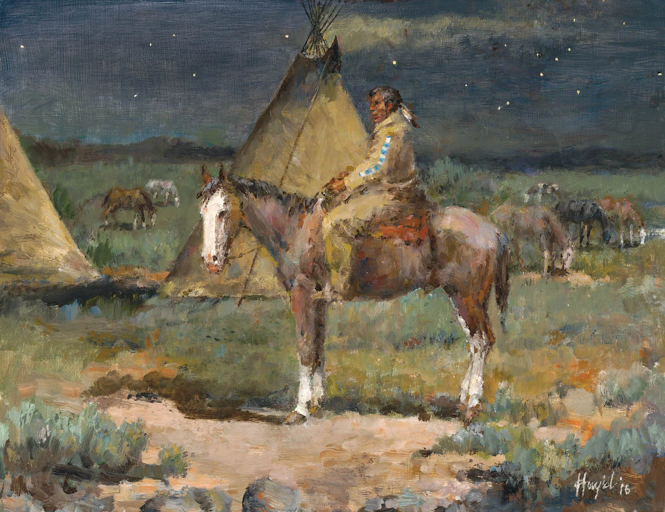 Night Guard of the Pony Herd, 14 x 18, oil