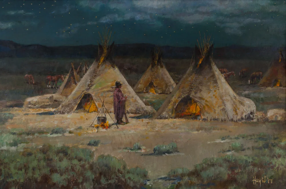 Assiniboine Hunting Camp - Nocturne, 22 x 32, Oil,