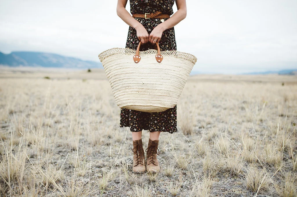 vintage French market bag (coming soon) + vintage black hollyhock dress + vintage suede lace up boots