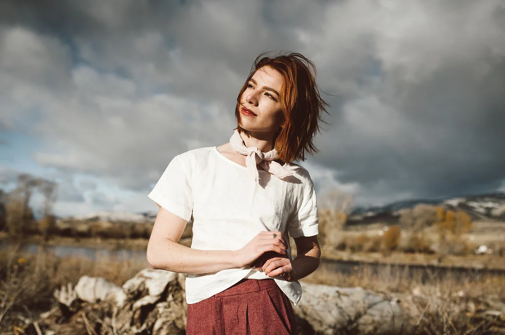 white linen Ceremony blouse + Thistle & Thread blush scarf