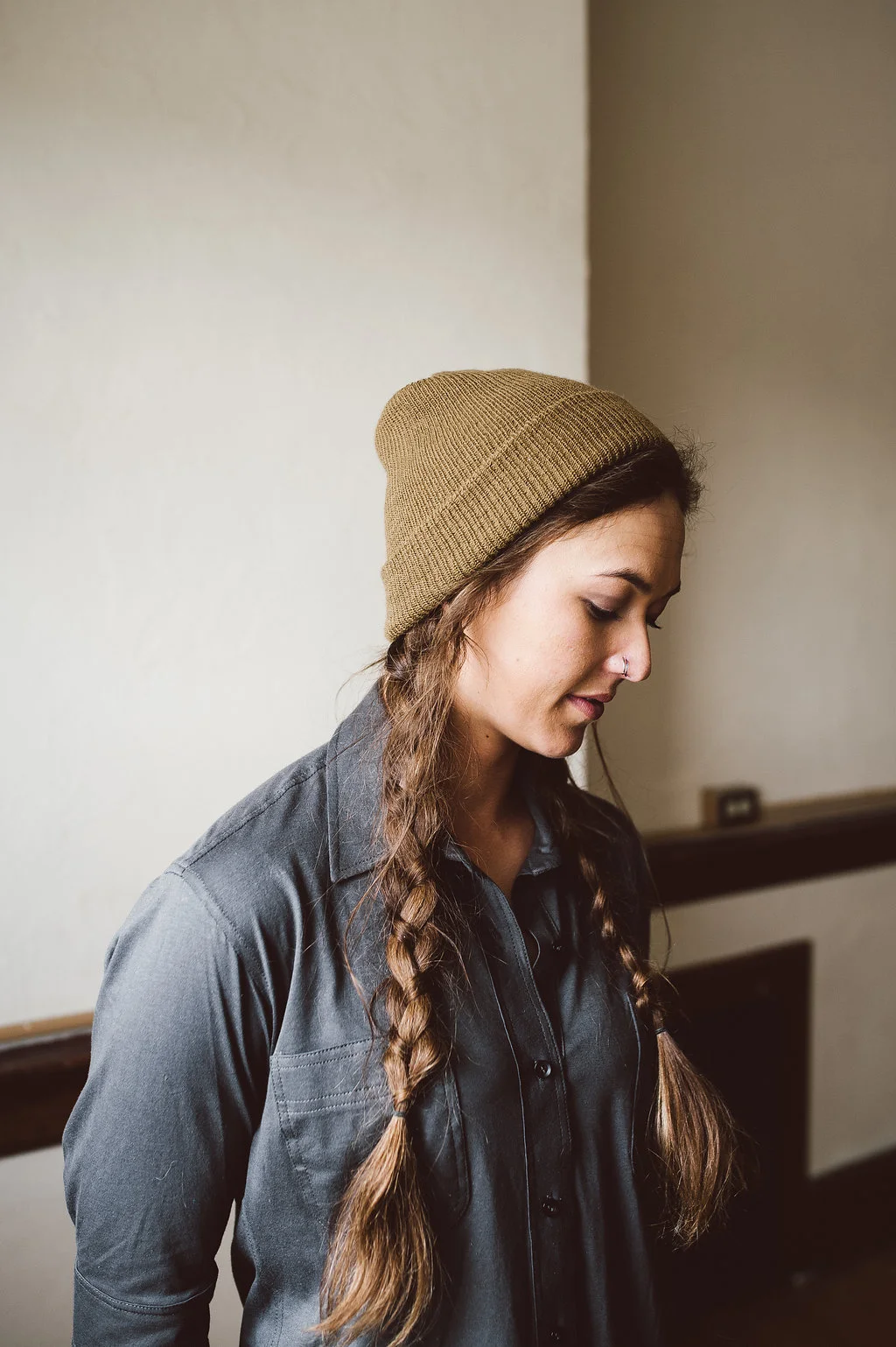 knit wool military hat + Ceremony shirt dress