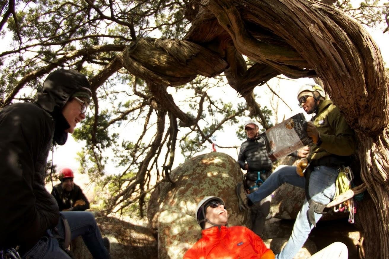 The group was granted a quick reprieve from the wind on the mountain in this nice little alcove.