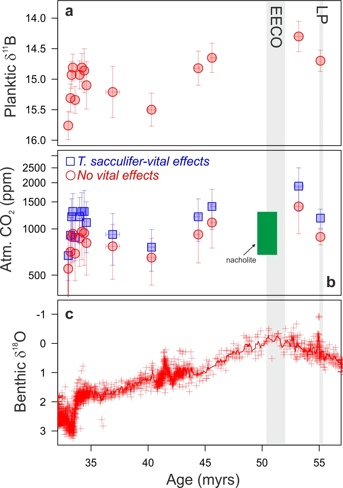 Atmospheric CO2 during the Early cenozoic from (mainly) boron isotopes (from Anagnostou et al. 2016 & Gutjahr et al. 2017) . Also shown (bottom panel) is benthic oxygen isotopic composition - a proxy for climate (high values = cold, low values = warm). The intervals Sweet will focus on are shown in grey. Nacholite based CO2 in green (from Jagneicki et al. 2015 )