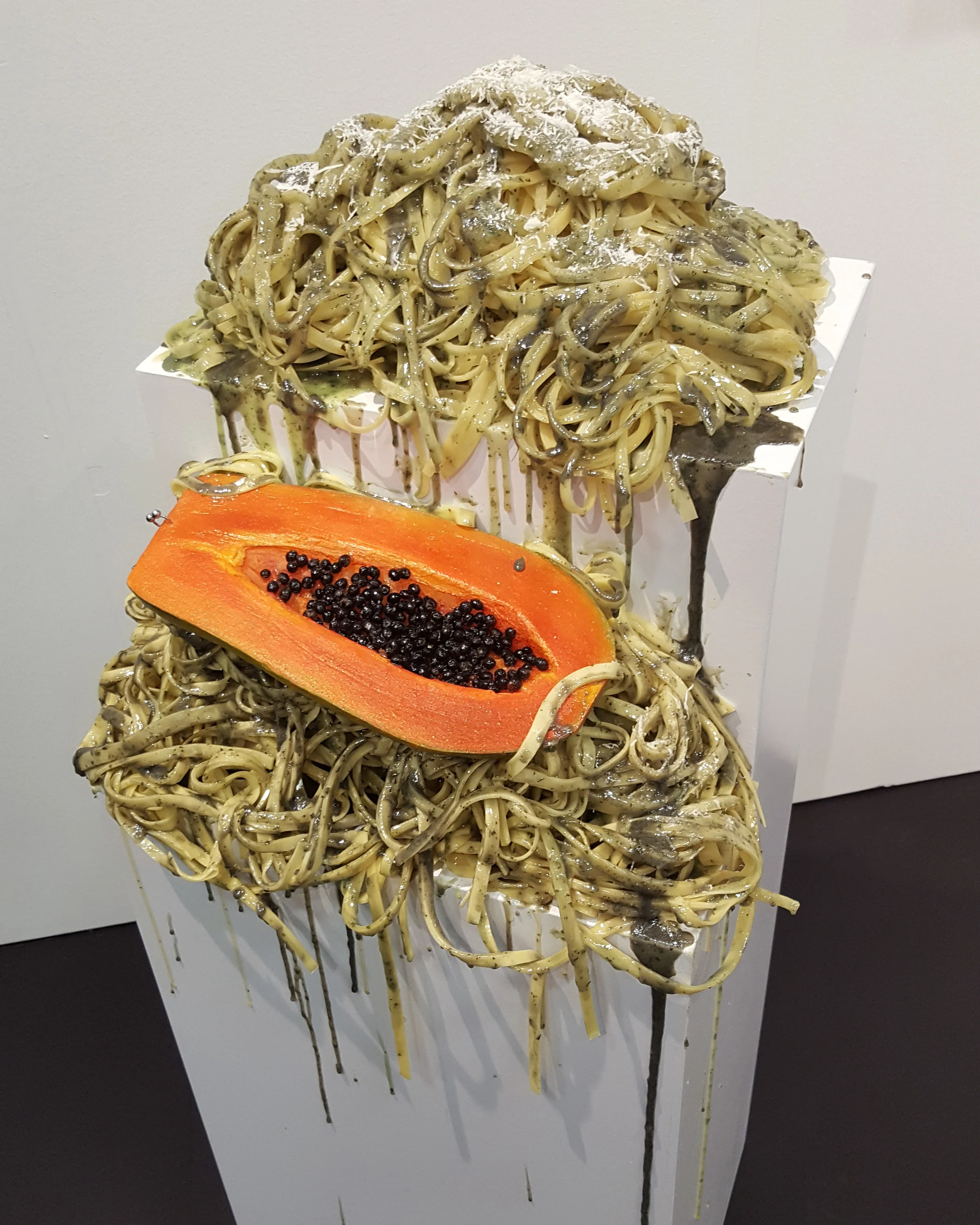Oil paint, urethane, parsley, piercing, wood plinth