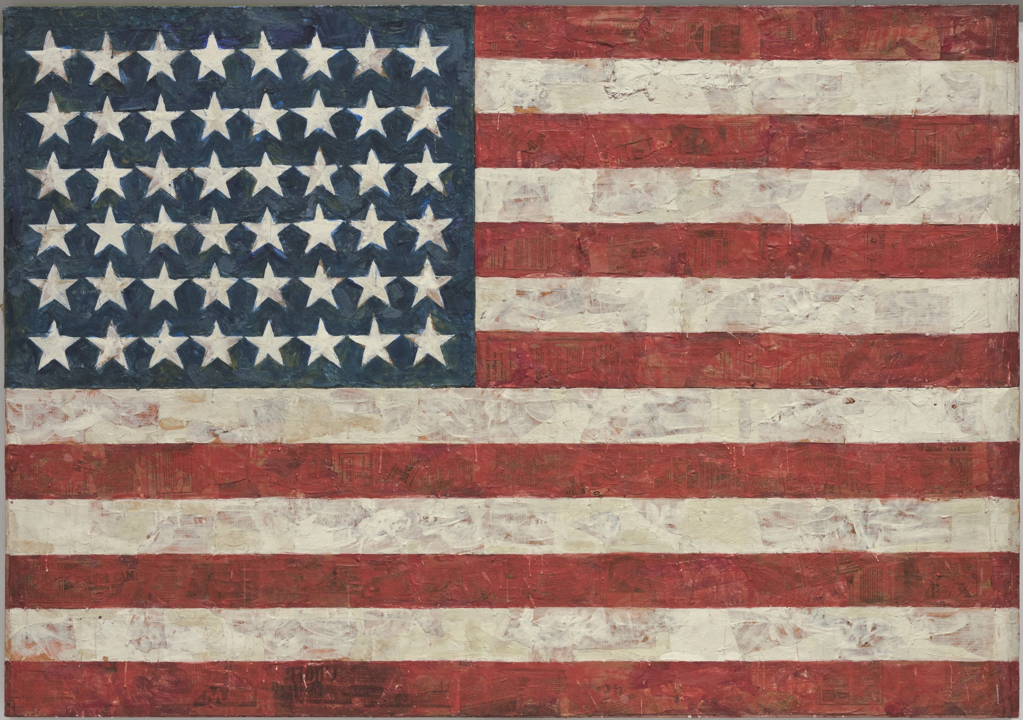 Flag (1954-55)Jasper JohnsEncaustic, oil, and collage on fabric mounted on plywood, three panels42 1/4 x 60 5/8 in.Image Courtesy of the MoMA, New York