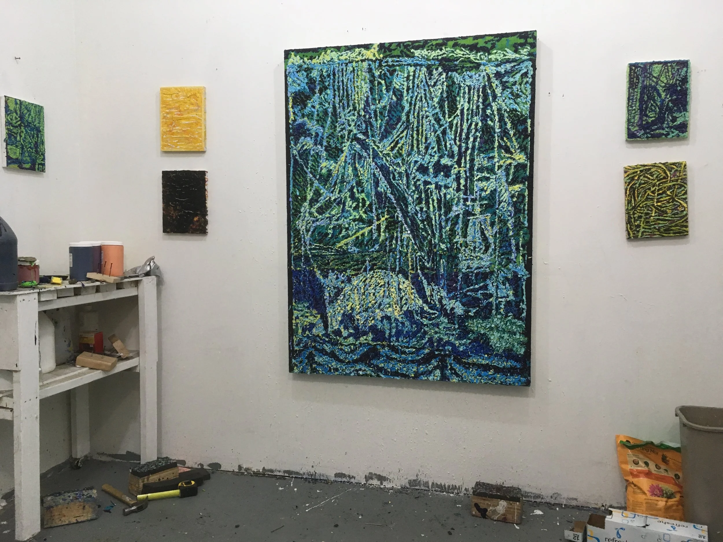 Keenan Derby's studio in Los Angeles, CA Large painting: Wave Maker (2016