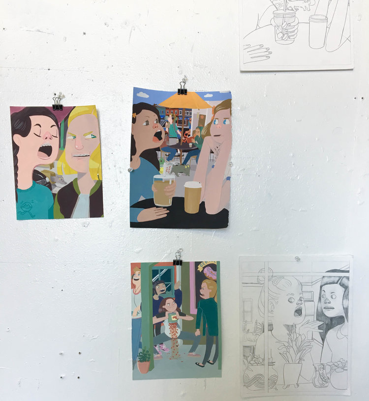 Gouaches and drawings hanging in Nunley's studio.