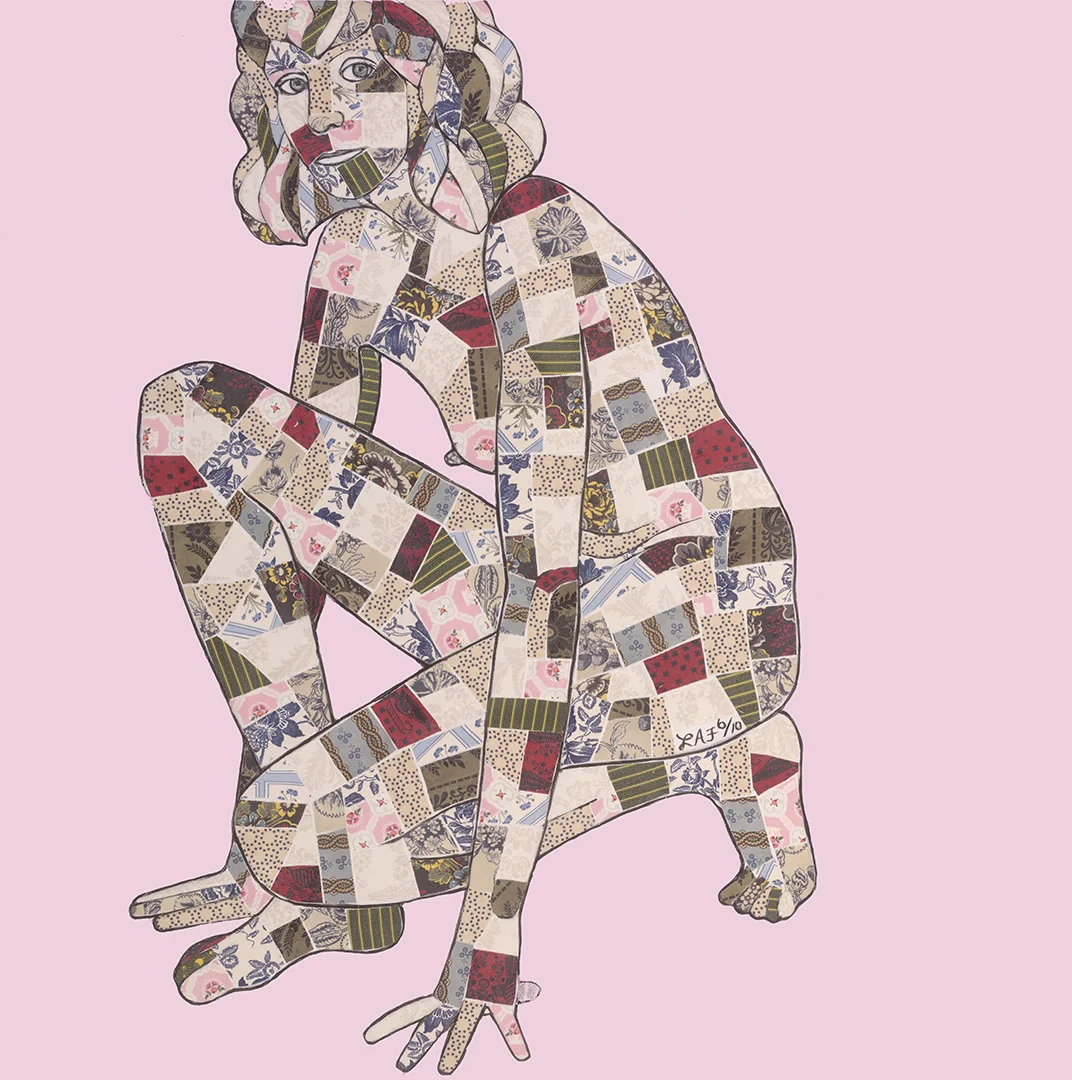 Ready set GO! , cotton reproduction quilting fabrics, acrylic and medium on canvas, 48 x 48 in.
