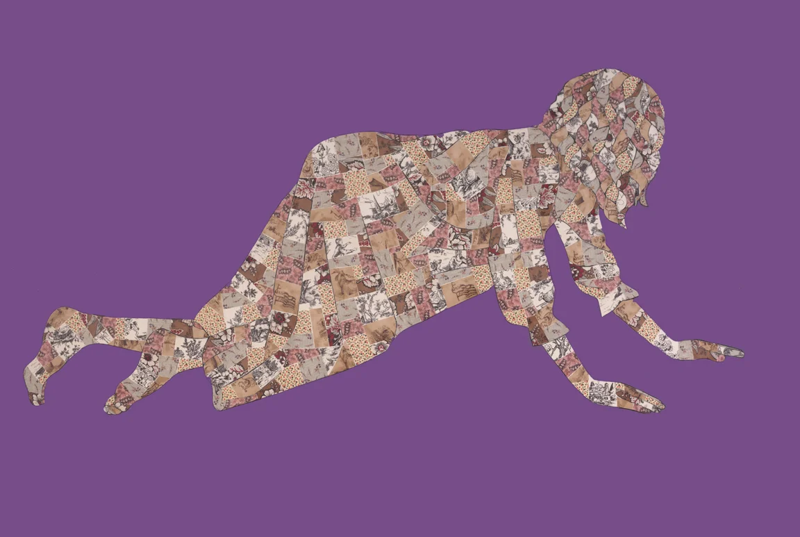 Crawling Woman , cotton reproduction quilting fabrics, acrylic and medium on canvas, 72 x 48 in. 