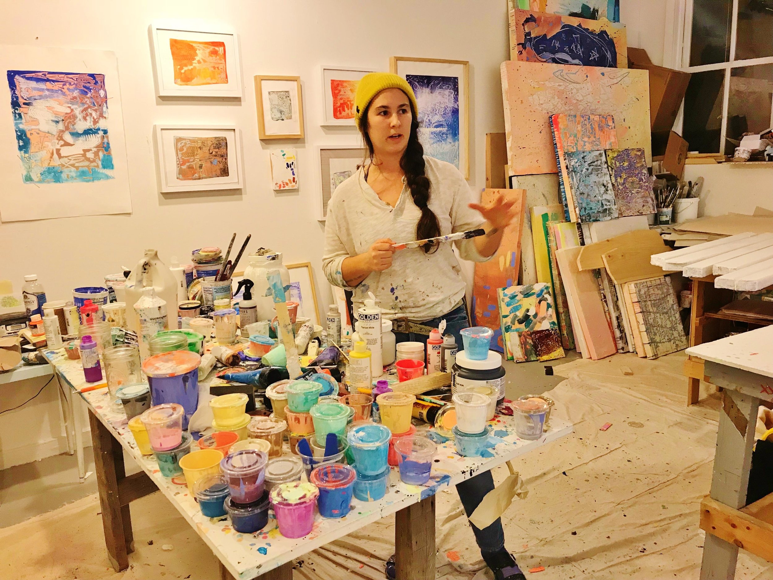 Jenna Pirello in her Fine Arts Work Center studio in Provincetown, MA 2018. Image courtesy of Ann Wood at Wicked Local Truro. 