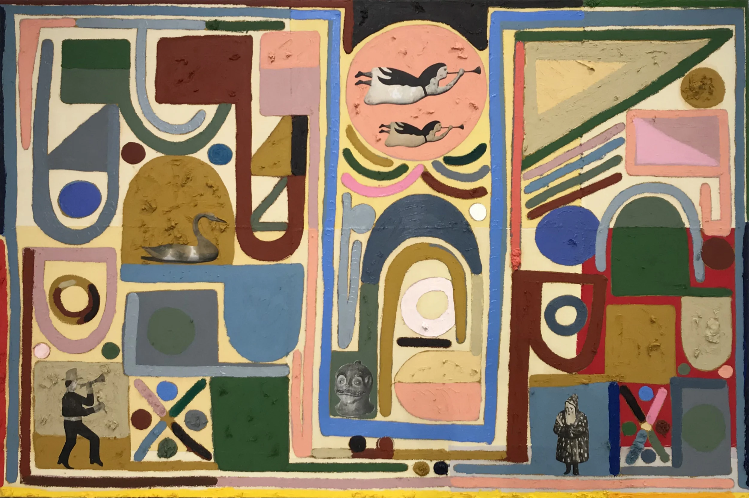 Austin Eddy, "Flying-Fingers, City-Face (Between Here and There)," Oil stick, paper collage on fabric collage on canvas, 40 x 60 in.