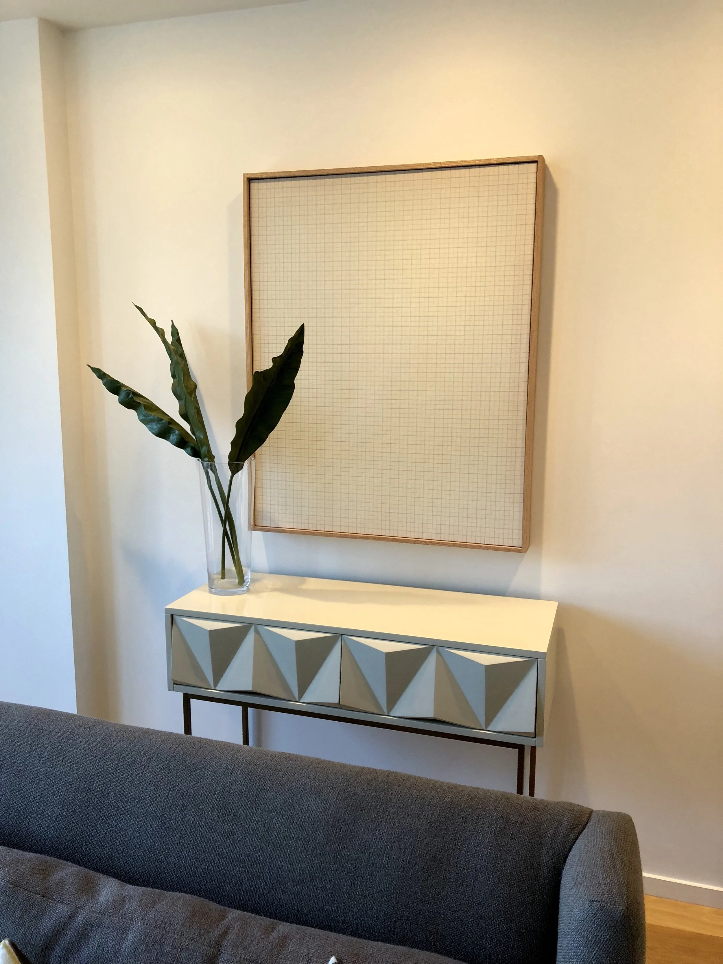 Nicole Patel, "Aqua Graph," Cotton Thread on Natural Muslin with Red Oak Frame, 40 x 32 in.