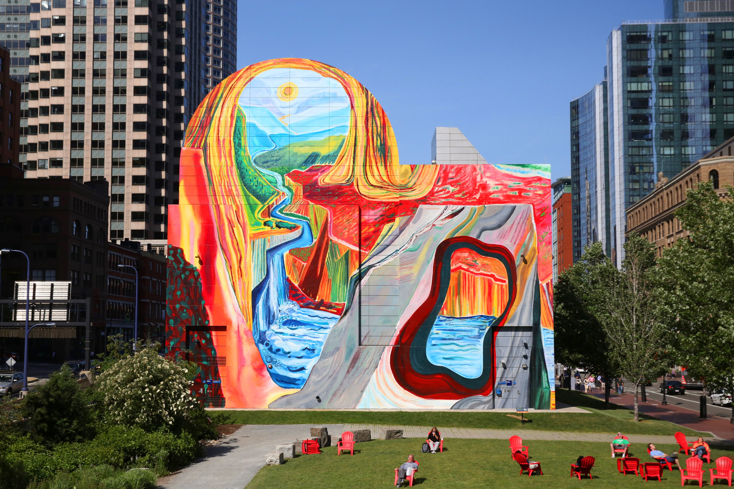 Shara Hughes, Carving Out Fresh Options, 2018, Mural, 70 x 76 feet, Courtesy of the Greenway Conservancy. Photo credit: Todd Mazer Photography