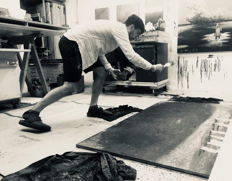 Neusser working in his studio, Summer 2018. Image courtesy of the artist.