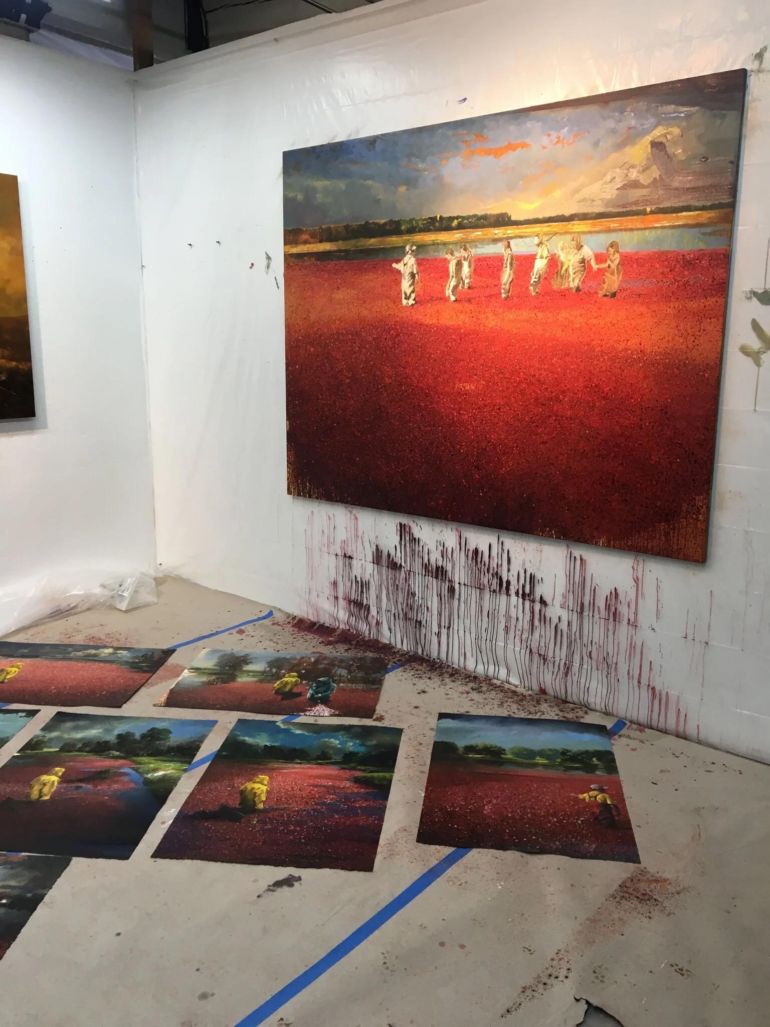 Several of Neusser’s cranberry bog paintings for Field Trip , his solo exhibition in Karlsruhe, Germany.