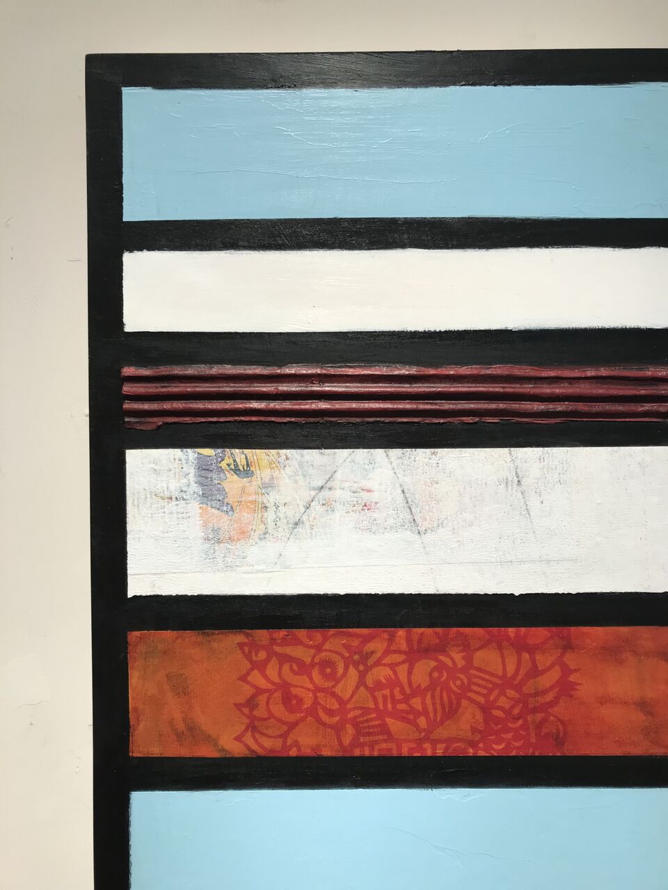 Detail of Process, 2018. Mixed Media and found papers on wood panel. 36 x 12”.