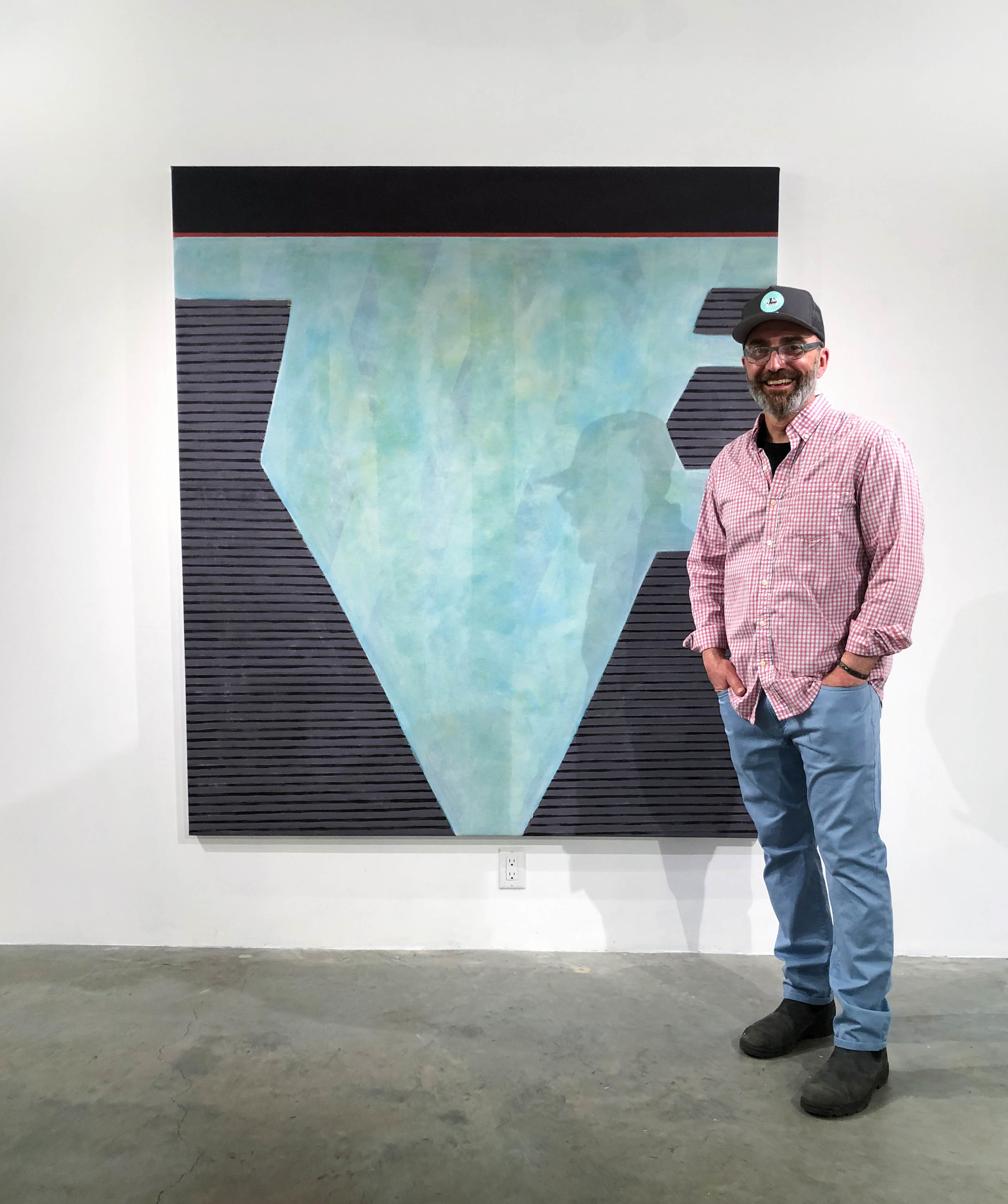 Artist Richard Keen in front of his work at Abigail Ogilvy Gallery: Form Singularity No. 165, Acrylic and Oil on Canvas, 72 x 64 in., 2019