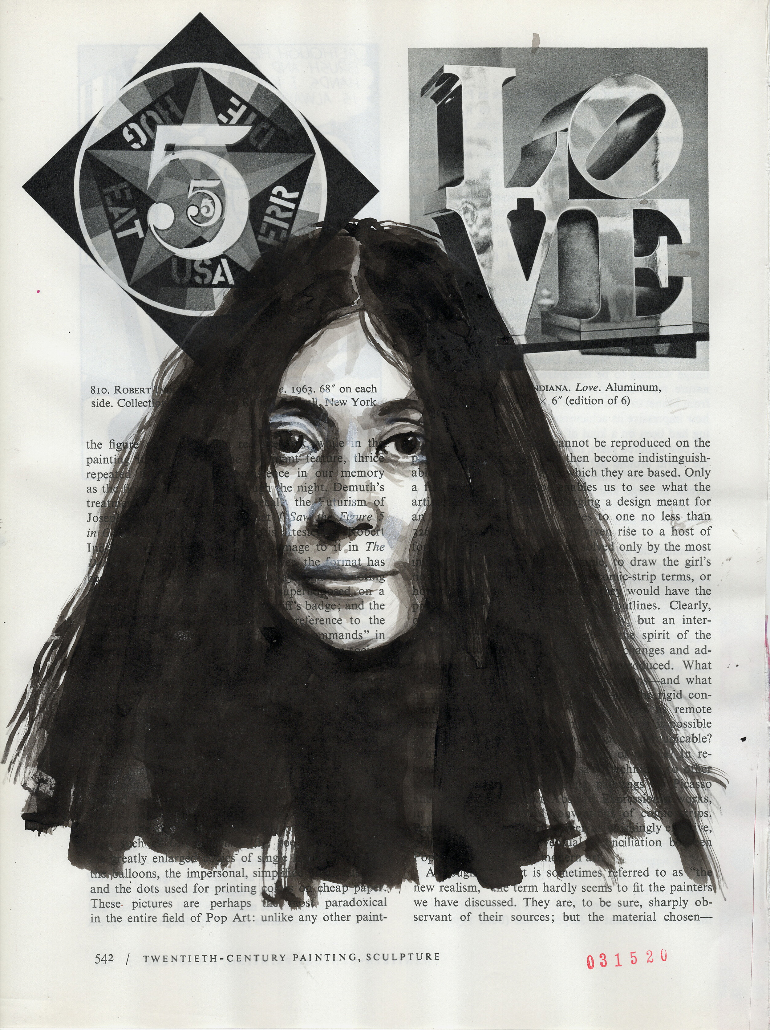 Abigail Ogilvy Gallery: Coral Woodbury, “Yoko Ono,” 2020, Sumi Ink on Book Page, 11.375 x 8.625 in.