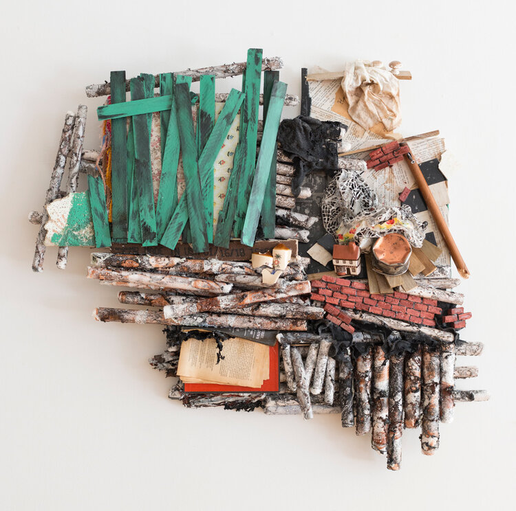 Kingston Gallery: Susan Greer Emmerson, Gone Home/Home Gone: Kitchen Table, Acrylic on cut and molded Tyvek, mixed media and found objects, 35” x 38” x 5”, 2018, $4500