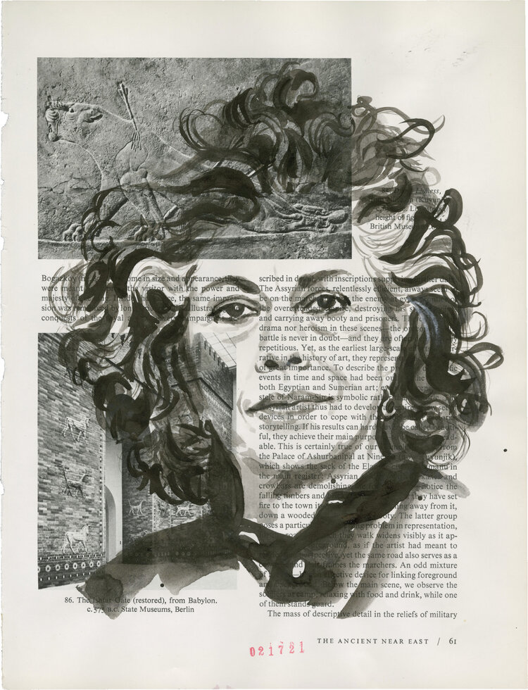Coral Woodbury, Doris Salcedo. Sumi ink on Book page, 11.375 x 8.625 in. 2021