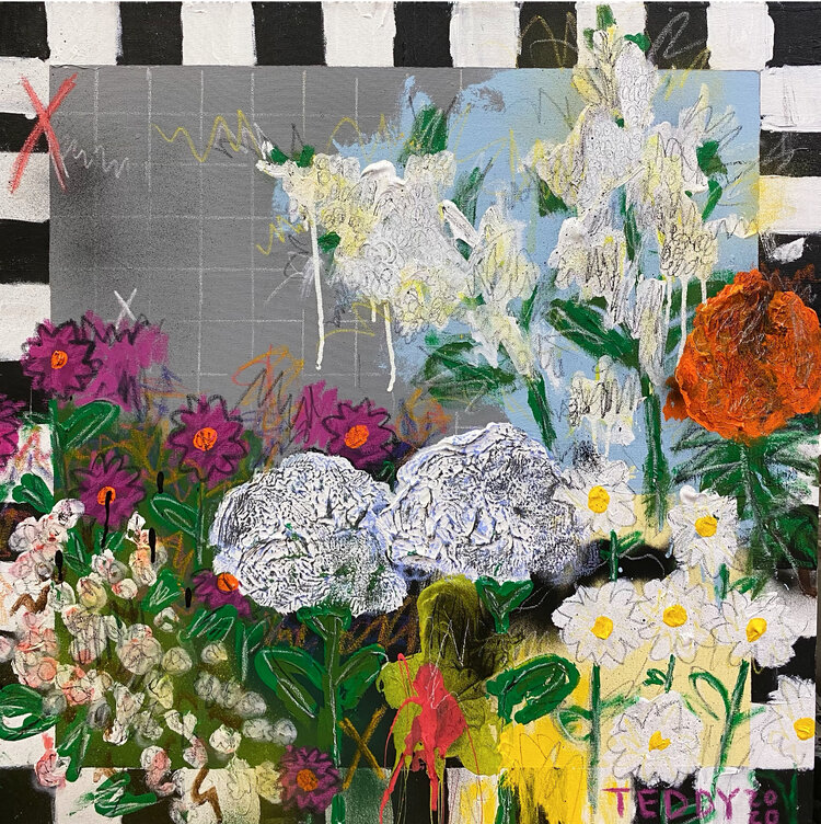 Teddy Benfield, Untitled (Wildflowers of Southeastern Connecticut 2), 2020, Signed on recto and verso. House paint, acrylic paint, oil pastel, krink ink, china marker, spray paint on canvas. 27 x 27 in.