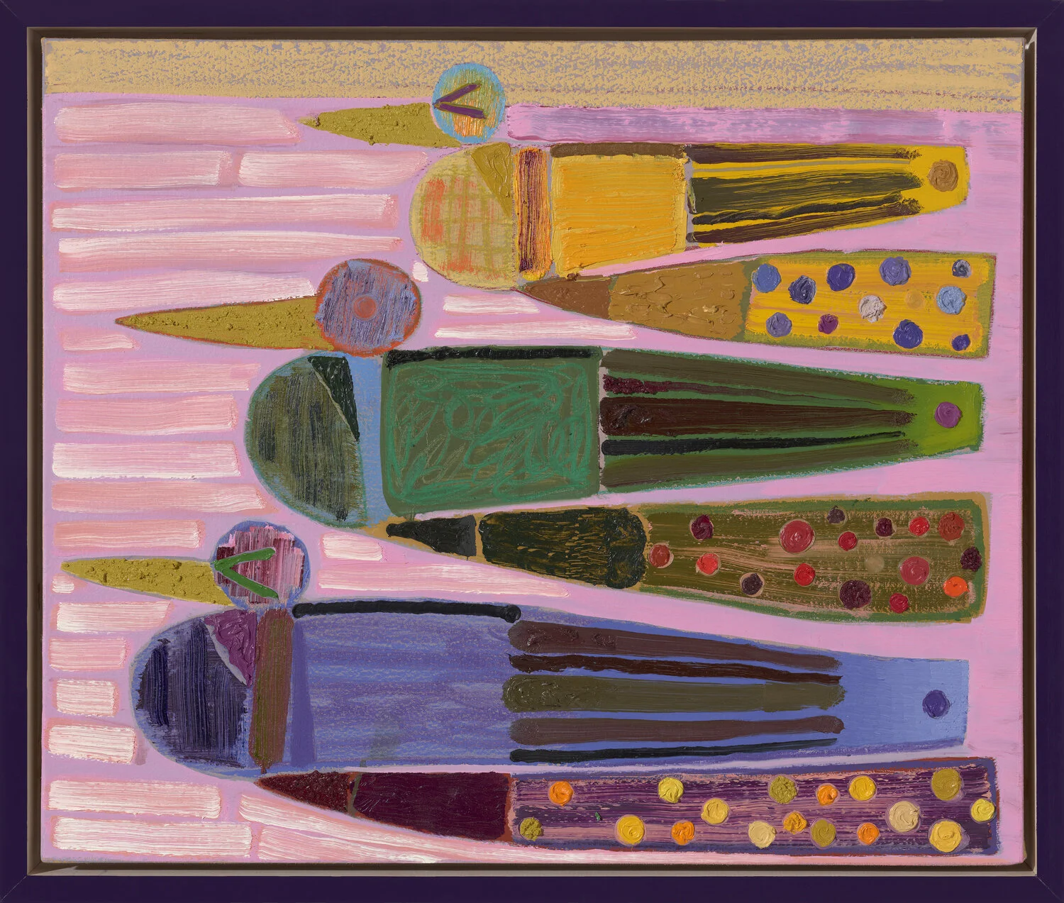 Austin Eddy Every Duck In Its Place While Moving From Here To There Forgetting Nothing, 2019 Oil, flashe, colored pencil, paper on canvas in artists frame 22 x 26 in.SOLD