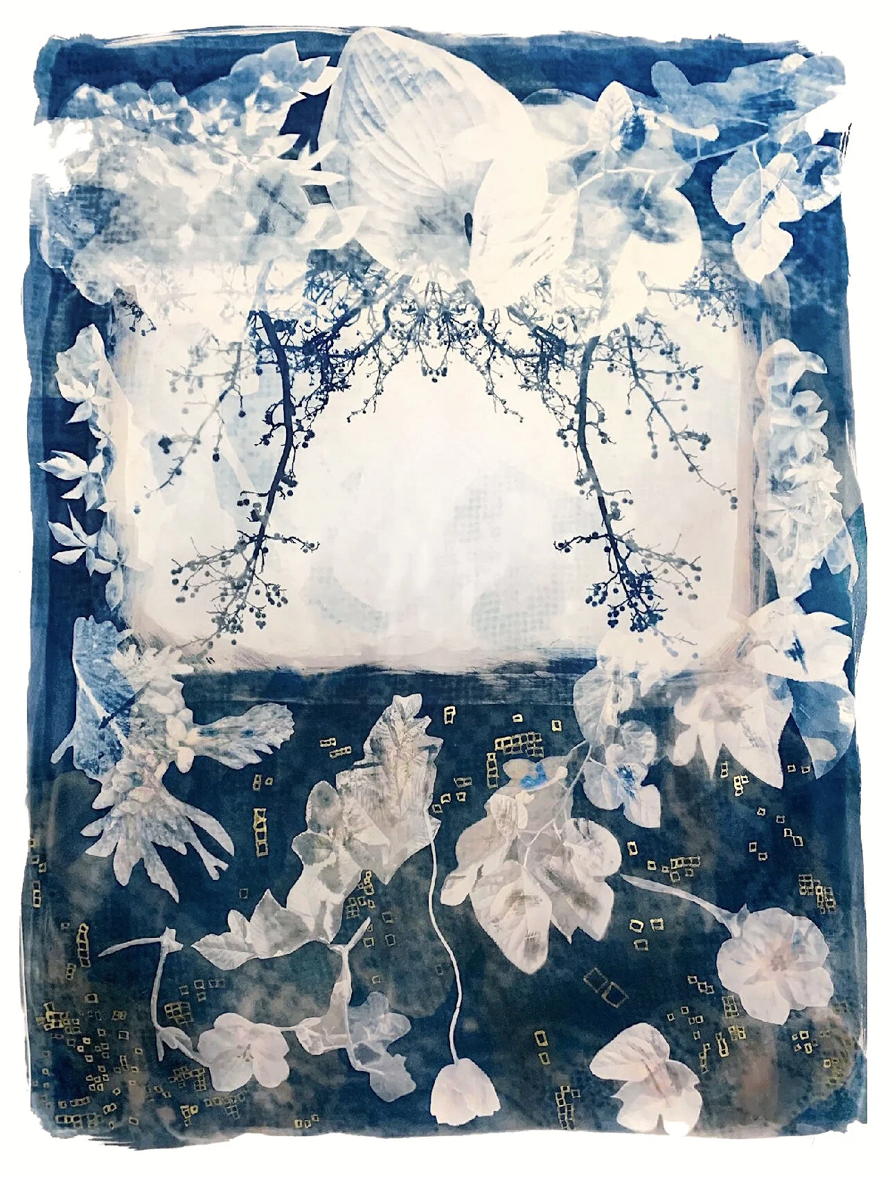 Susan Murie Veil, 2021 Cyanotype on paper, with selective toning, gold ink 30 x 22 in.