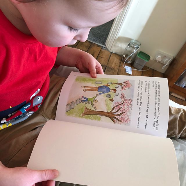 📚 Had my good friend Beau over for a visit and he read a Danish book I illustrated by Anette Gr&oslash;sfjeld Winge 🎨 &lsquo;Hvor er Victors mor henne?&rsquo; #childrensbooks #illustration #kidsreading #book #watercolor #danishbook #reading @megmoo