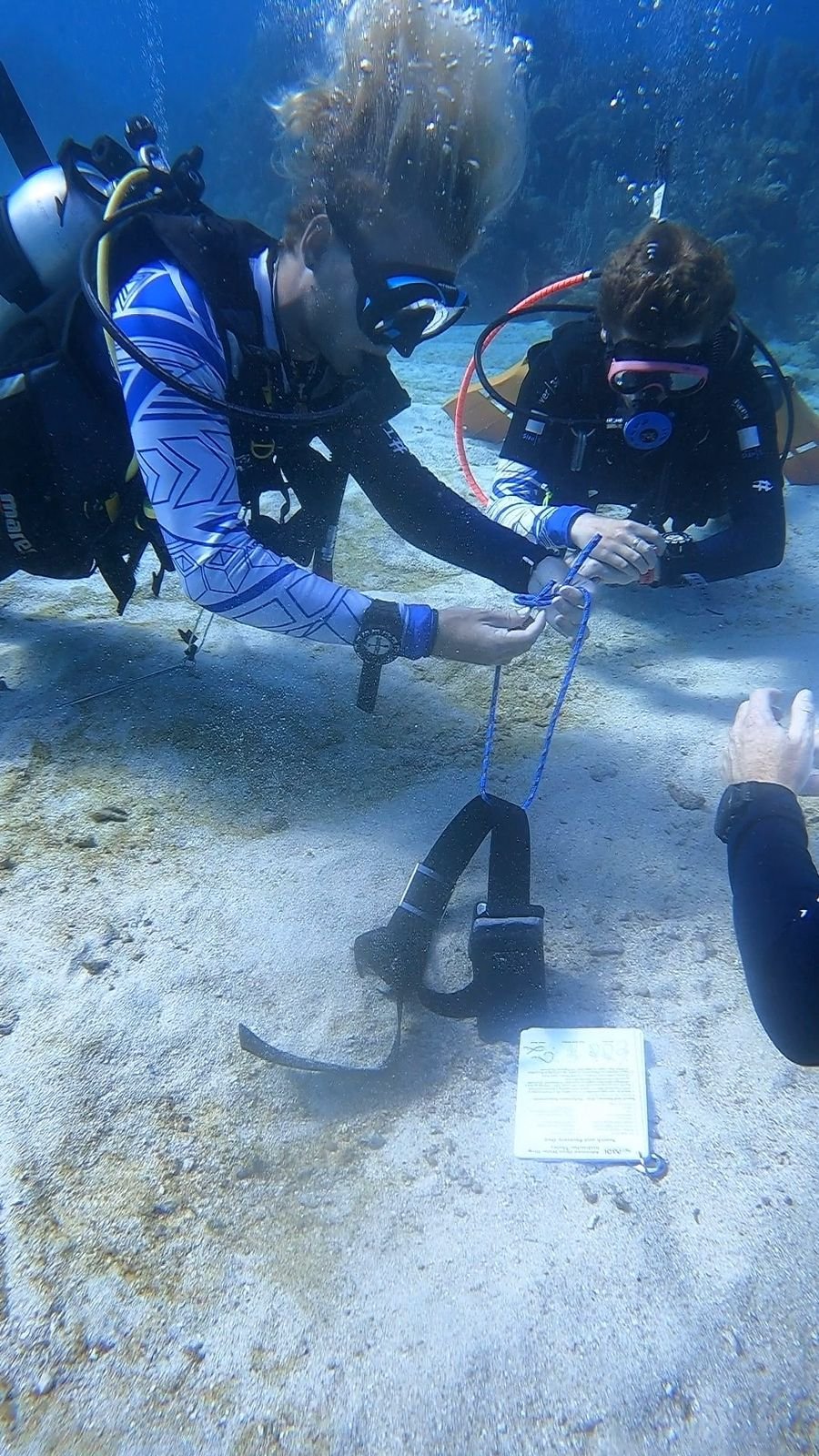 Dos buceadores bajo el agua; uno de ellos está firmando un documento en el fondo del océano, con el equipo de buceo y una carpeta de investigación cerca.