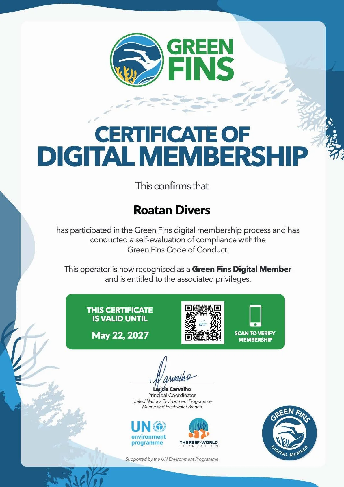 Certificate of Membership - Roatan Divers