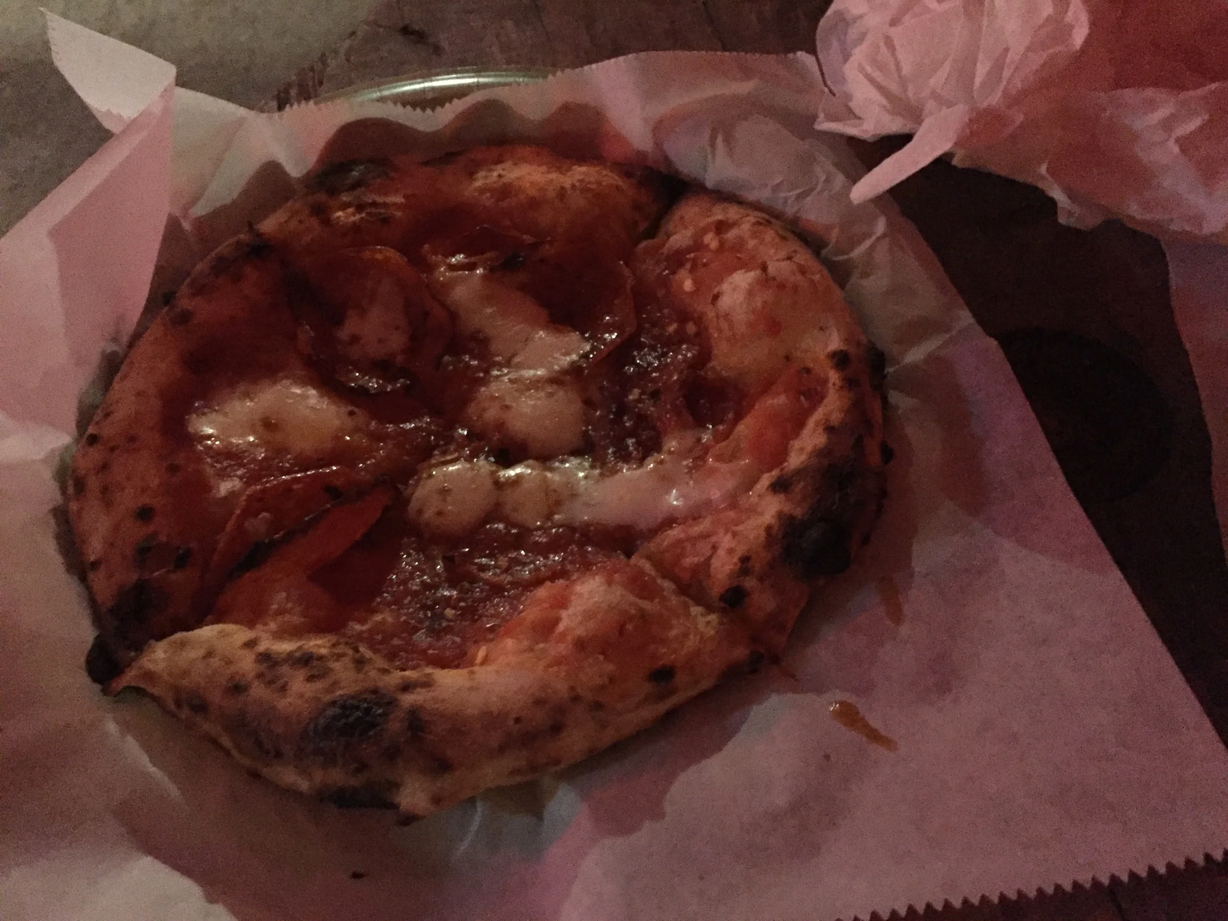 Here's the Roni from Driftwood Oven. I love how the pizza crust forms a valley of pizza. 
