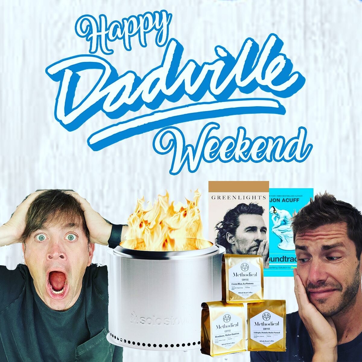 Happy Dadville Weekend! Besides a surprise new episode today where our wives interview us, we doing a crazy giveaway!!! You have the chance to win a @solostove, a @methodicalcoffee sample pack, and some of our favorite books from @officiallymcconaugh