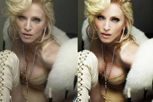 Anonymously, acquired image of an aging pop star from online publication ЦВЕТНО, Madonna before and after Photoshop, September 5th 2014. This idealized image of Madonna is far beyond the ability of a makeup artist. Yet because of the prevalence of P…