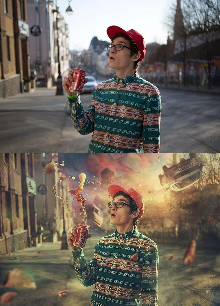 Far beyond retouching is the overt commercial manipulation by 21st Century Photoshop artists like do_isole in this advertisement for Coke. The juxtaposition of the Harold Edgerton motives (for example from Milk Drop Coronet 1957) are curiously added to a cinematically created backdrop of cars seemingly rotated from a F5 Toronado - yet the subject stands calmly if in amazement of the beverage he is about to drink. Source: Digital Synopsis. Design, Advertising and Commercial Inspiration. 20+ Amazing Images Before and After Photoshop .