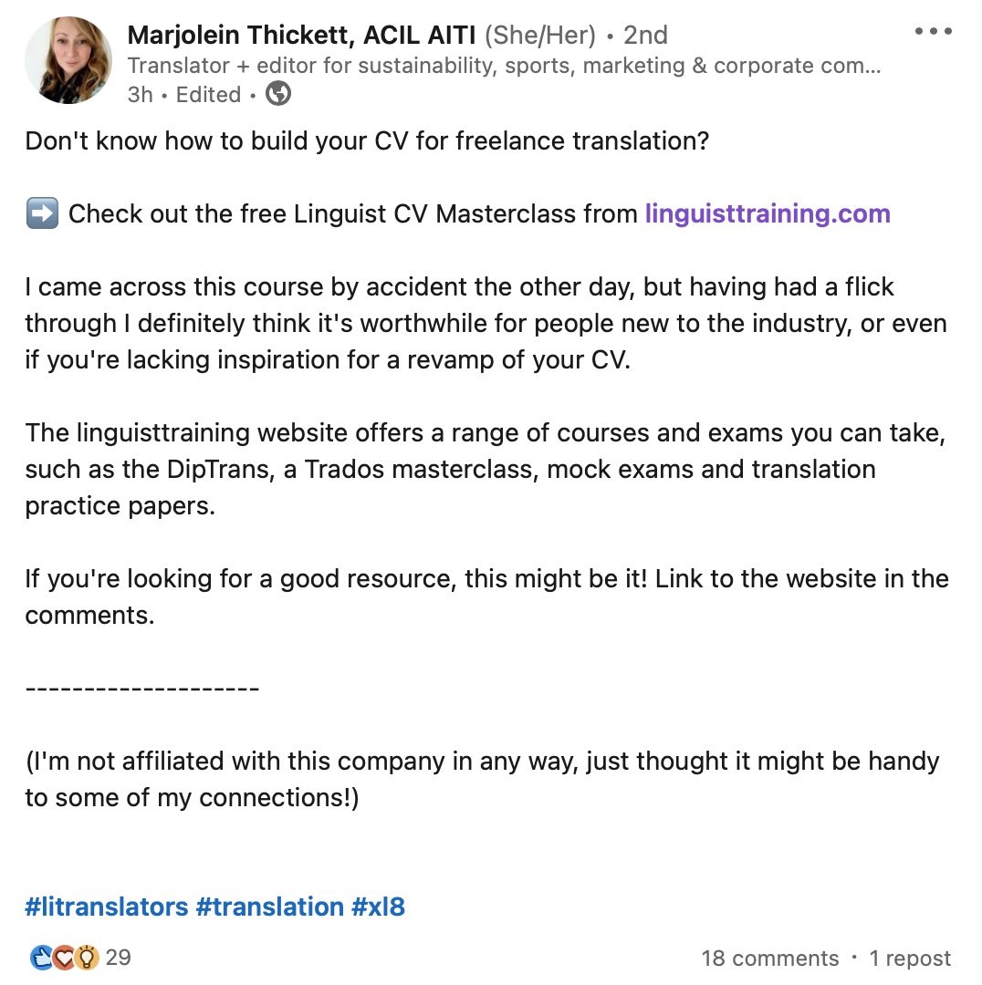 Marjolein Thickett LinkedIn recommendation for the Linguist CV Masterclass