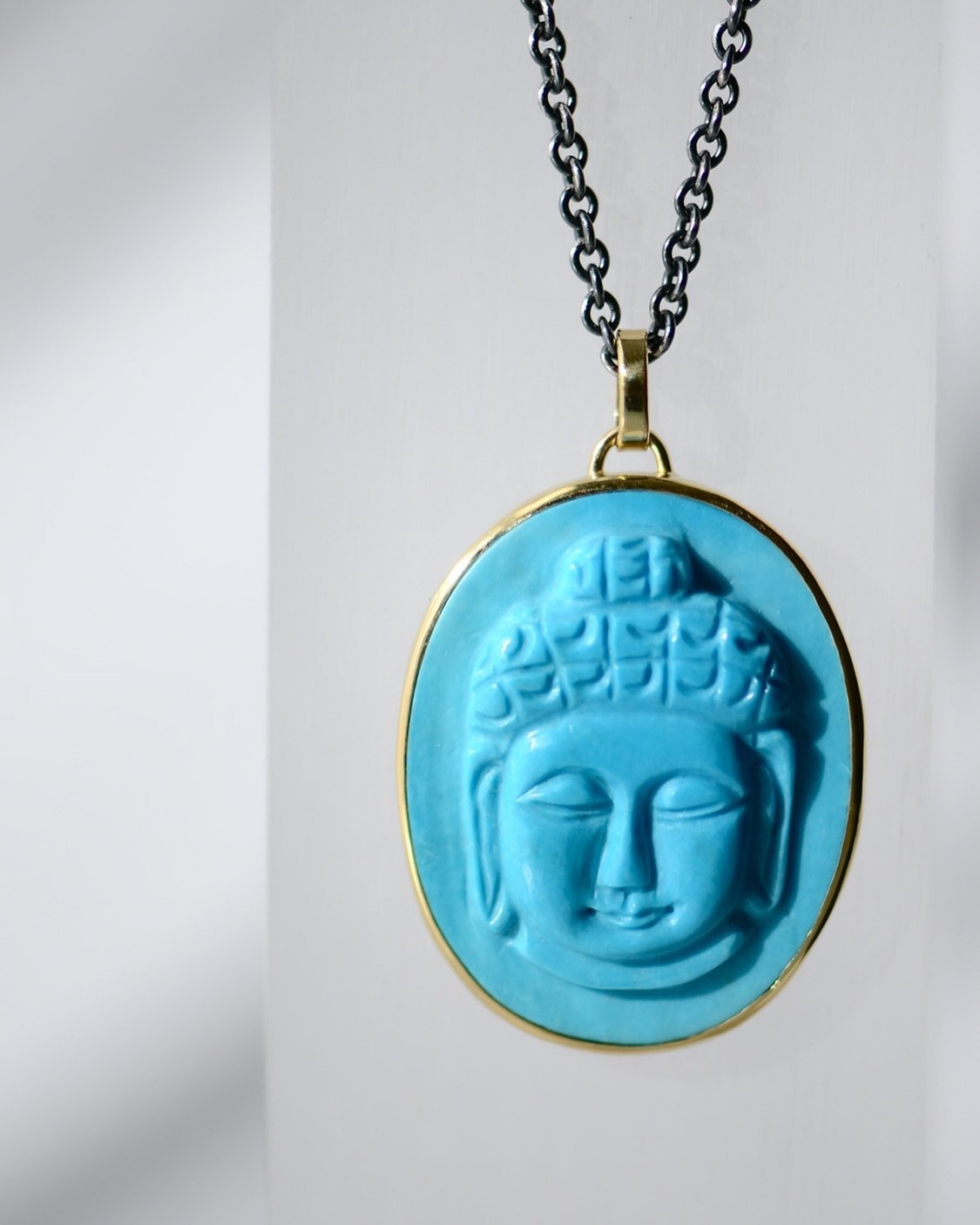 Calm-inducing. 

After a long month of traveling and art shows in the south, I call on all the soothing energies from this one of a kind fabulous pendant. 

Buddha&rsquo;s face carved in Turquoise.
Find it online at www.zetaleonis.com 
Elevate your s