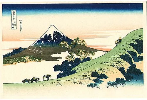 Image description: A print of one of Hokusai's 36 Views of Mt. Fuji. A pastoral scene shows a few small figures with beasts of burden climbing a small mountain with Mt. Fuji in the background.